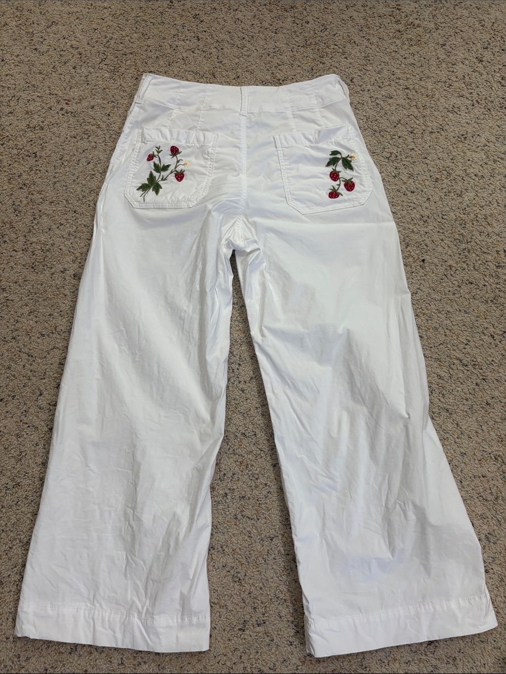 Anthropologie White Wide-Leg Pants with Cherry Embroidery